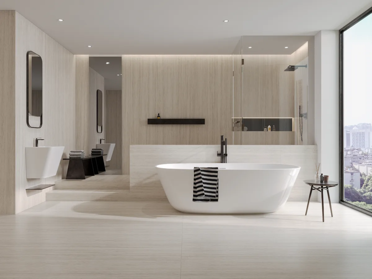 Travertino Bianco Honed 1200x2700 shown in a room setting